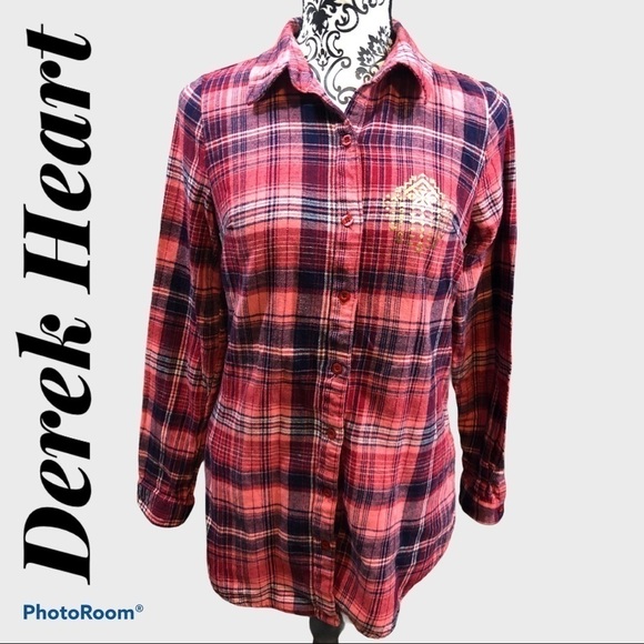 Derek HEART plaid/gold embellished button up  top - Picture 1 of 8